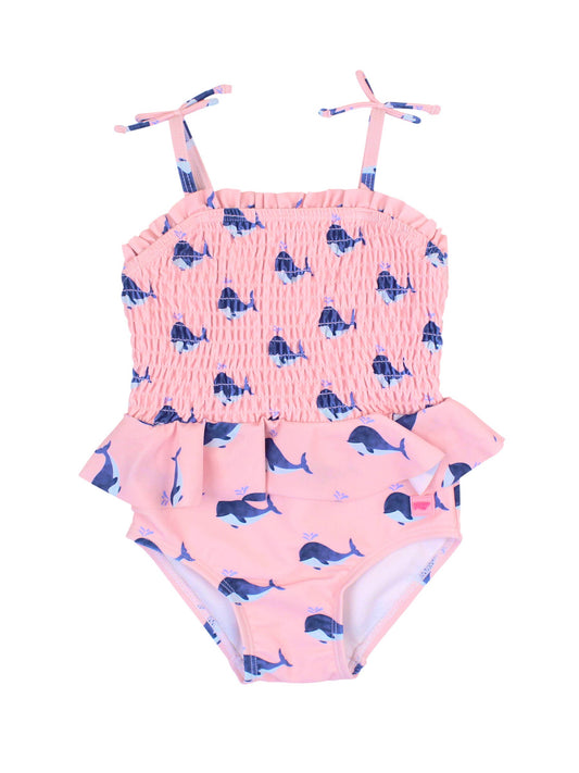 Girls Pink Whale Friends Peplum Smocked Bodice One Piece Swimsuit