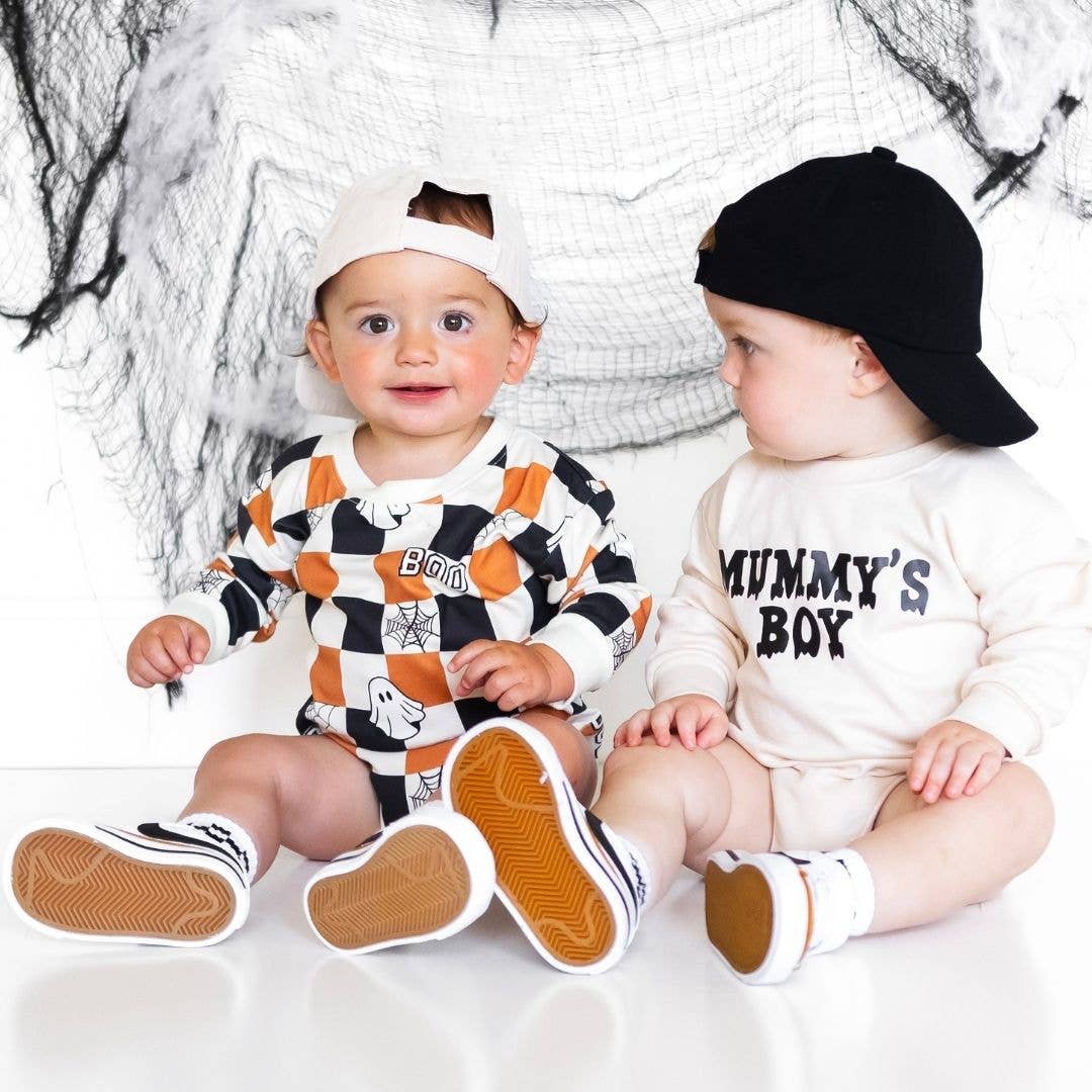 Boo Checkered Halloween Long Sleeve Romper - Baby Clothing