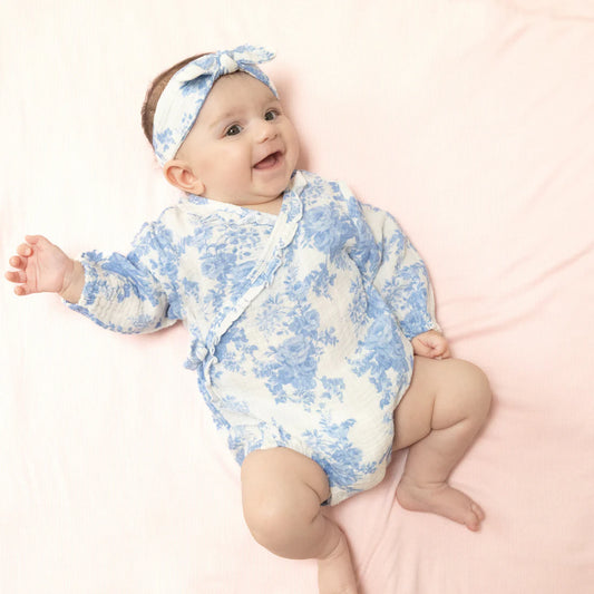 Long Sleeve Kimono Bodysuit with Ruffle - Dream Cottage Floral Blue
