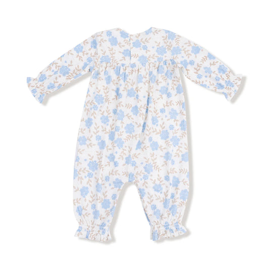 Smocked Long Sleeve Romper - Baby Blue Floral
