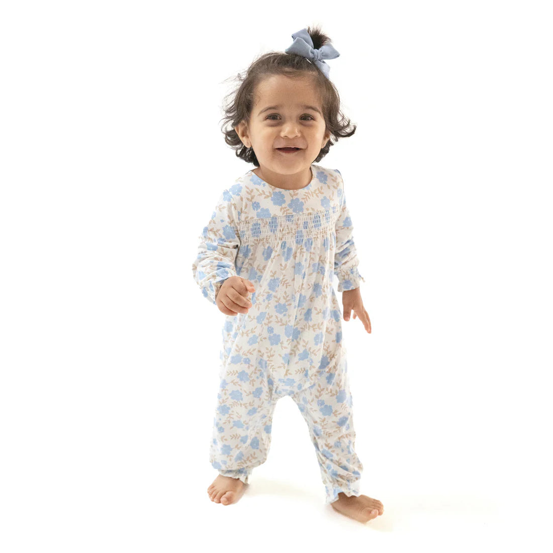 Smocked Long Sleeve Romper - Baby Blue Floral