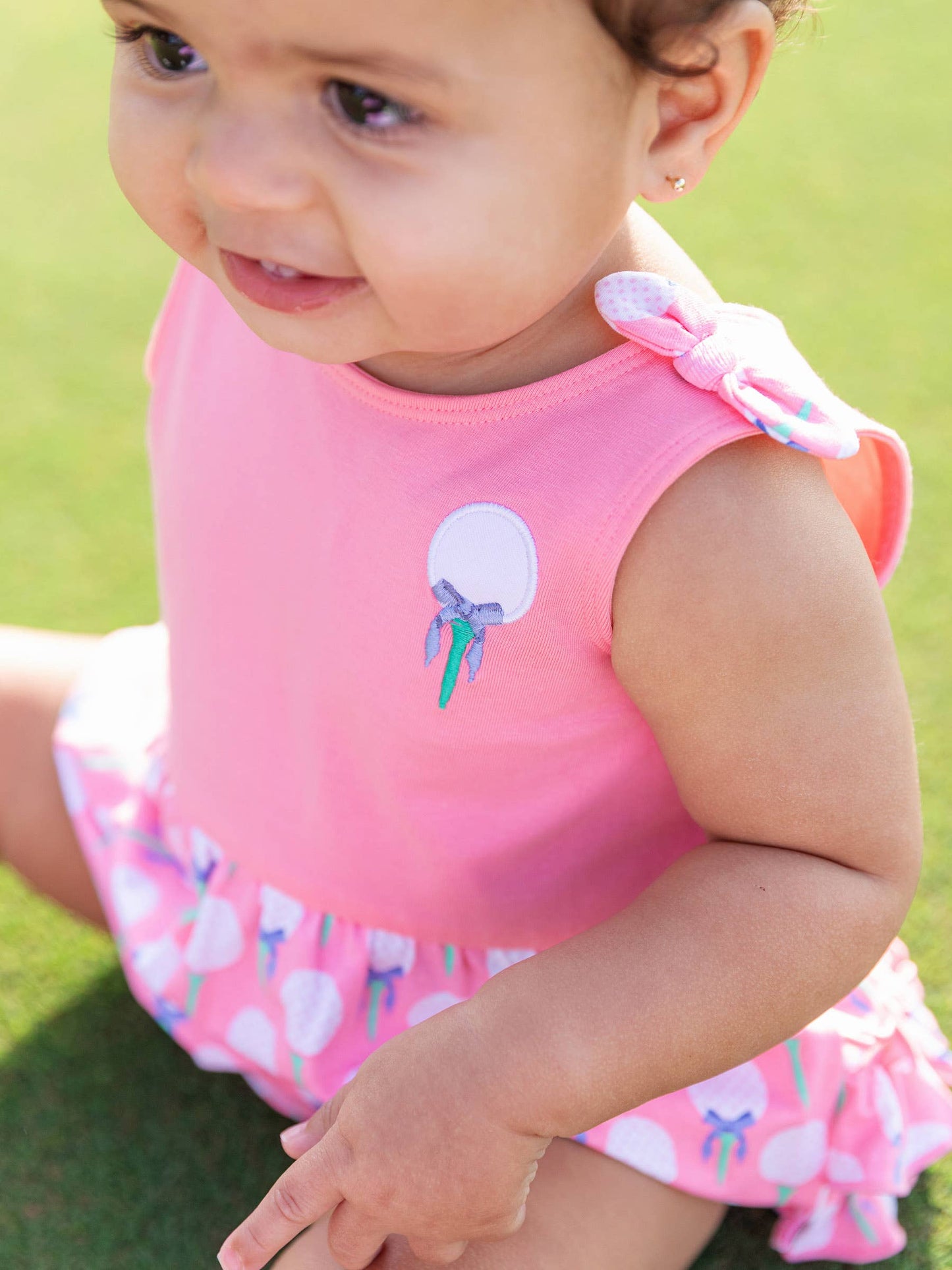 Baby Girls Pink Tee Time Knit Tie Shoulder Bubble Romper