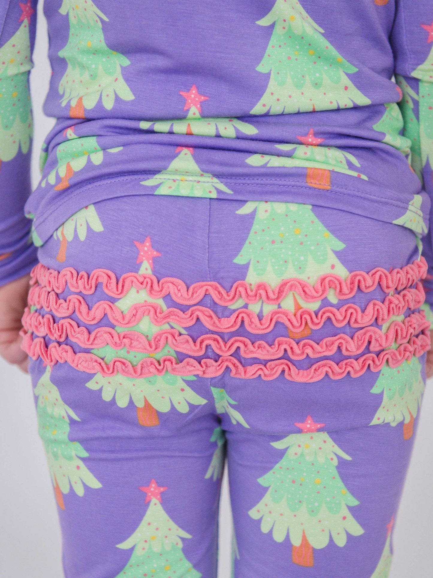 SoftSnooze™ Toddler Girls Bamboo Viscose Purple Twinkling Trees Ruffle Long Sleeve Pajama Set with Signature Rear Ruffles