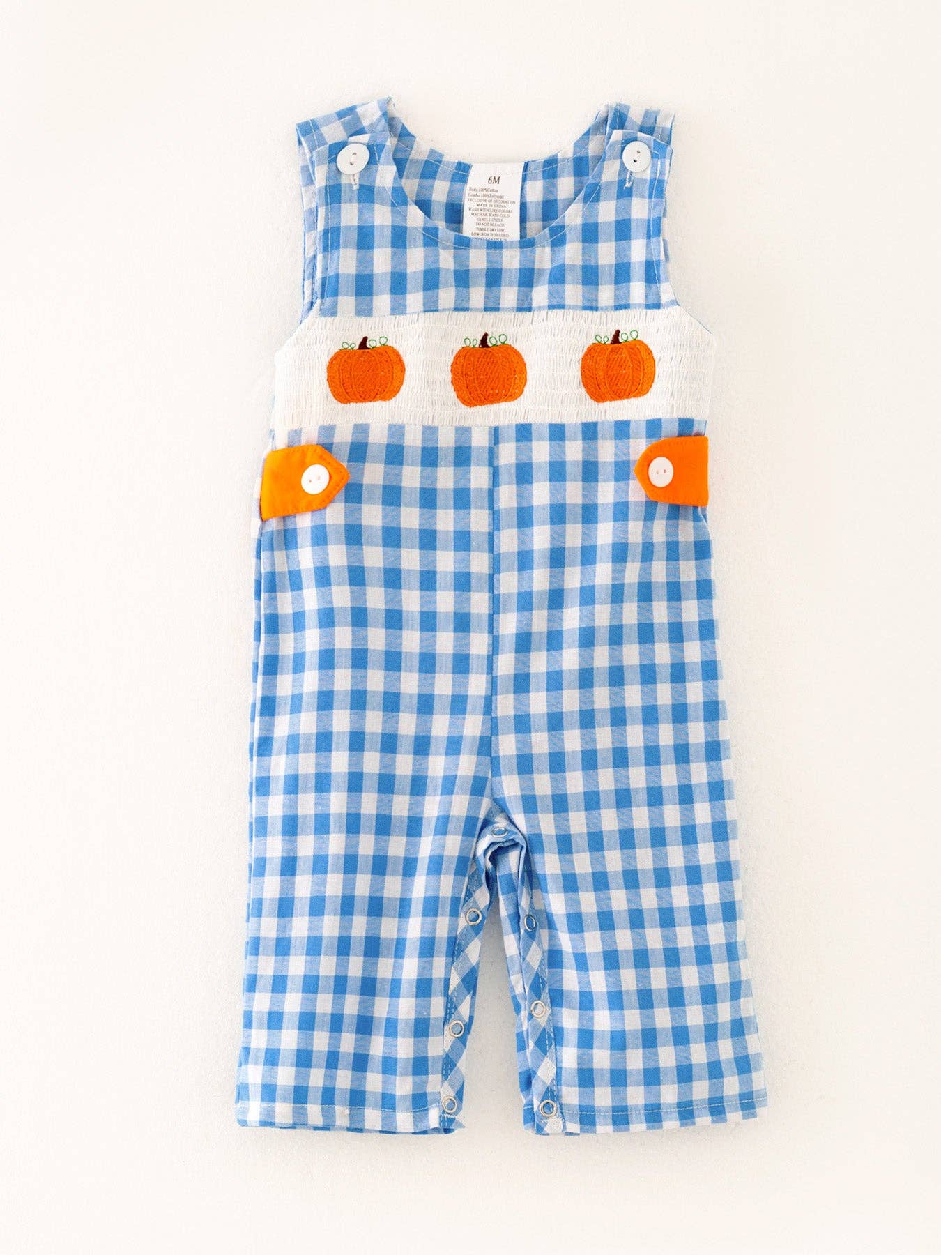 Pumpkin Blue Boys Smocking Embroidered Plaid Romper