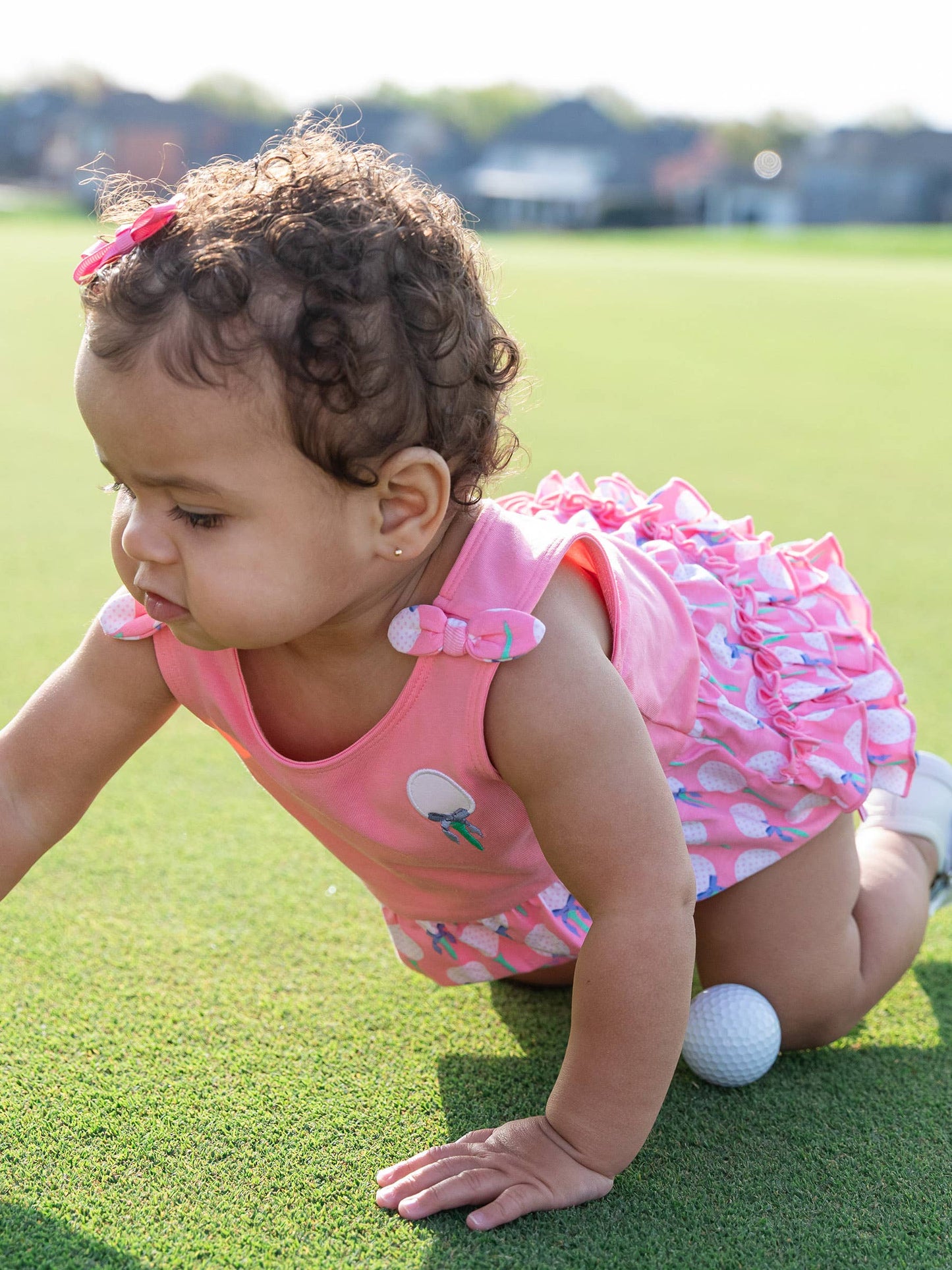 Baby Girls Pink Tee Time Knit Tie Shoulder Bubble Romper