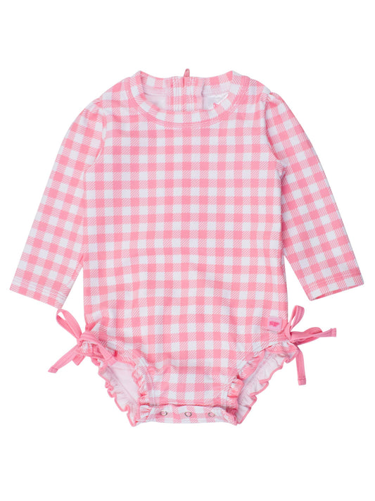 Baby Girls Bubblegum Pink Gingham Long Sleeve One Piece Rash Guard Swimsuit with Signature Rear Ruffles