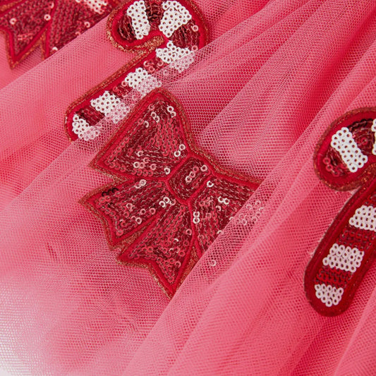 Christmas Candy Cane and Bows Sequin Applique Pink Tulle Skirt