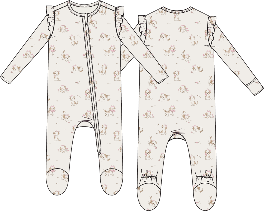 Explorer Puppy Pink - 2 Way Ruffle Sleeve Zipper Footie