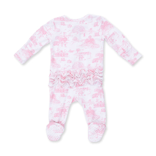 Golf Toile Pink - 2 Way Ruffle Back Zipper Footie
