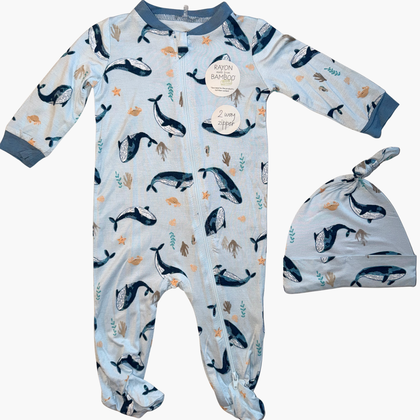 Whale and Sea Life Bamboo Footie with Hat