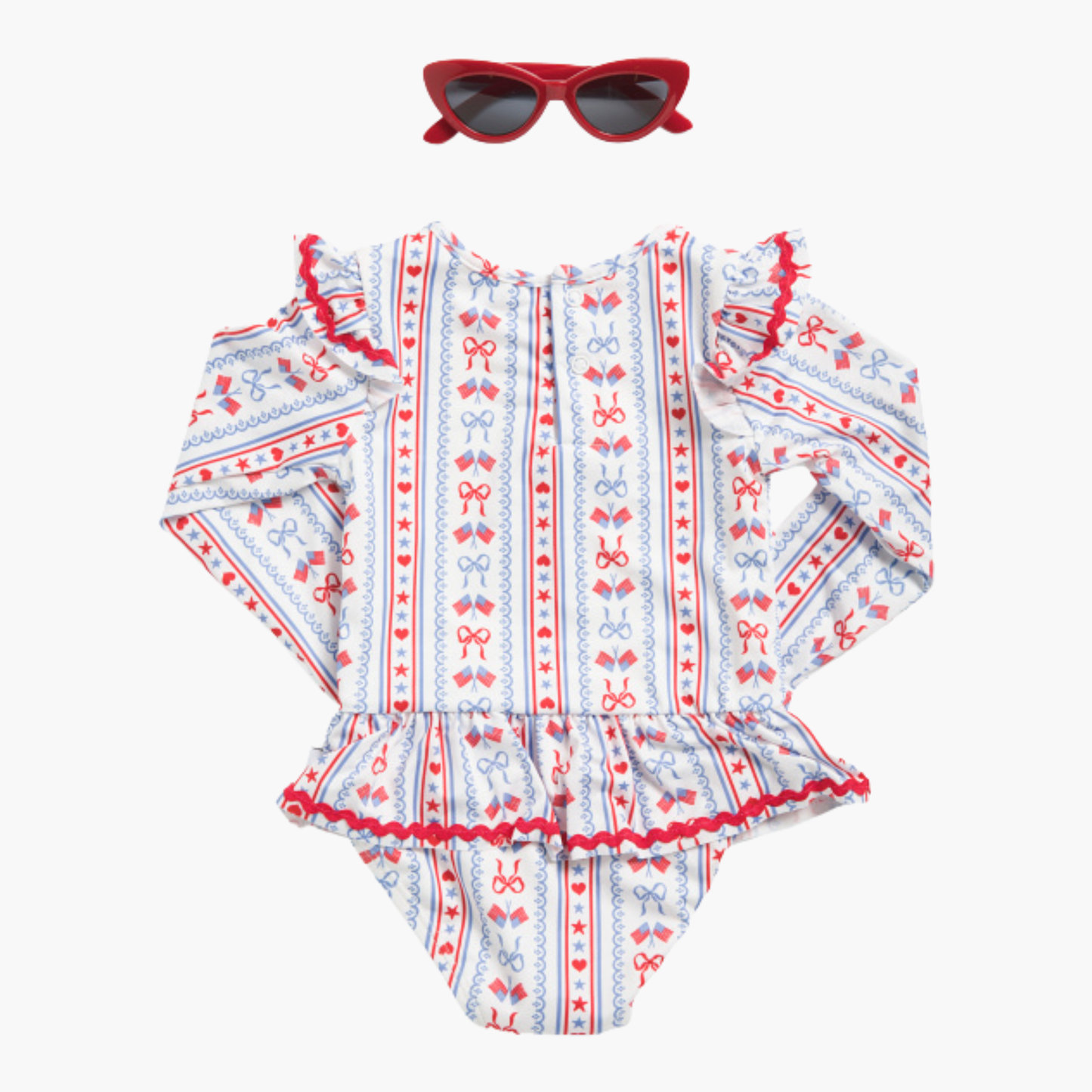 Americana Bows Long Sleeve Rash Guard One Piece Swimsuit with Sunglasses