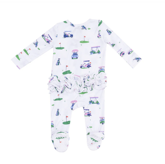 2 Way Zipper Ruffle Back Footie - Vintage Golf Carts Pink