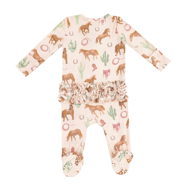 2 Way Zipper Ruffle Back Footie - Western Horses Pink