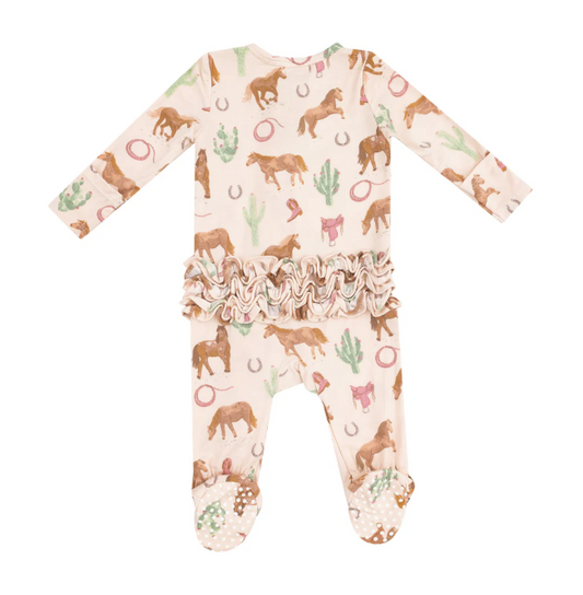 2 Way Zipper Ruffle Back Footie - Western Horses Pink