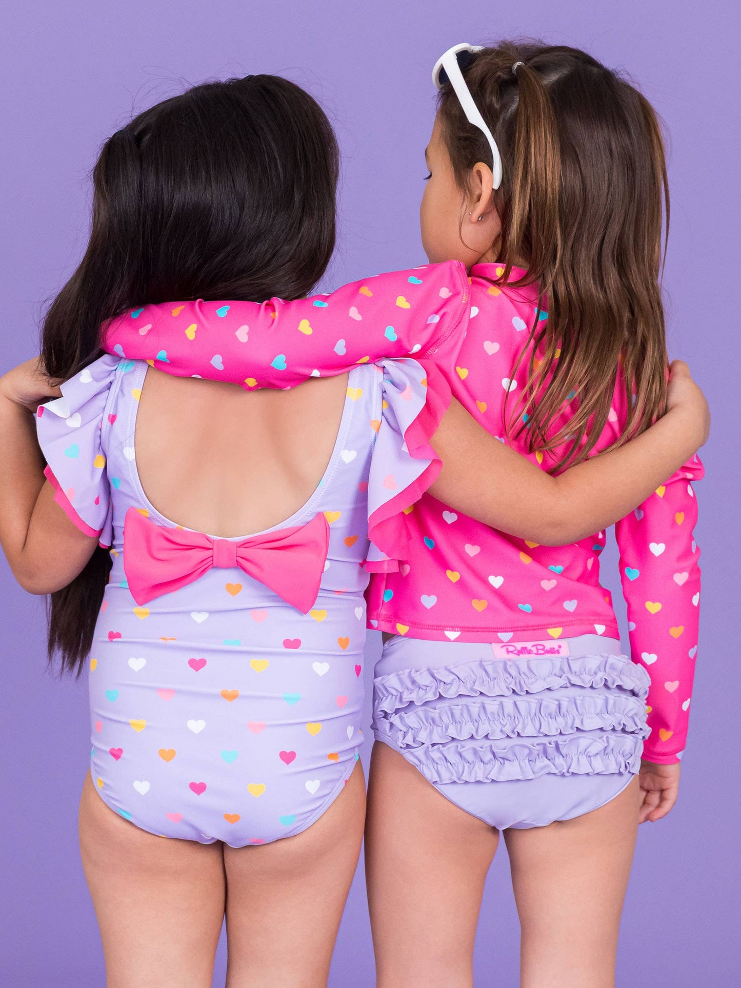 Girls Lavender Colorful Hearts Butterfly Sleeve One Piece Swimsuit