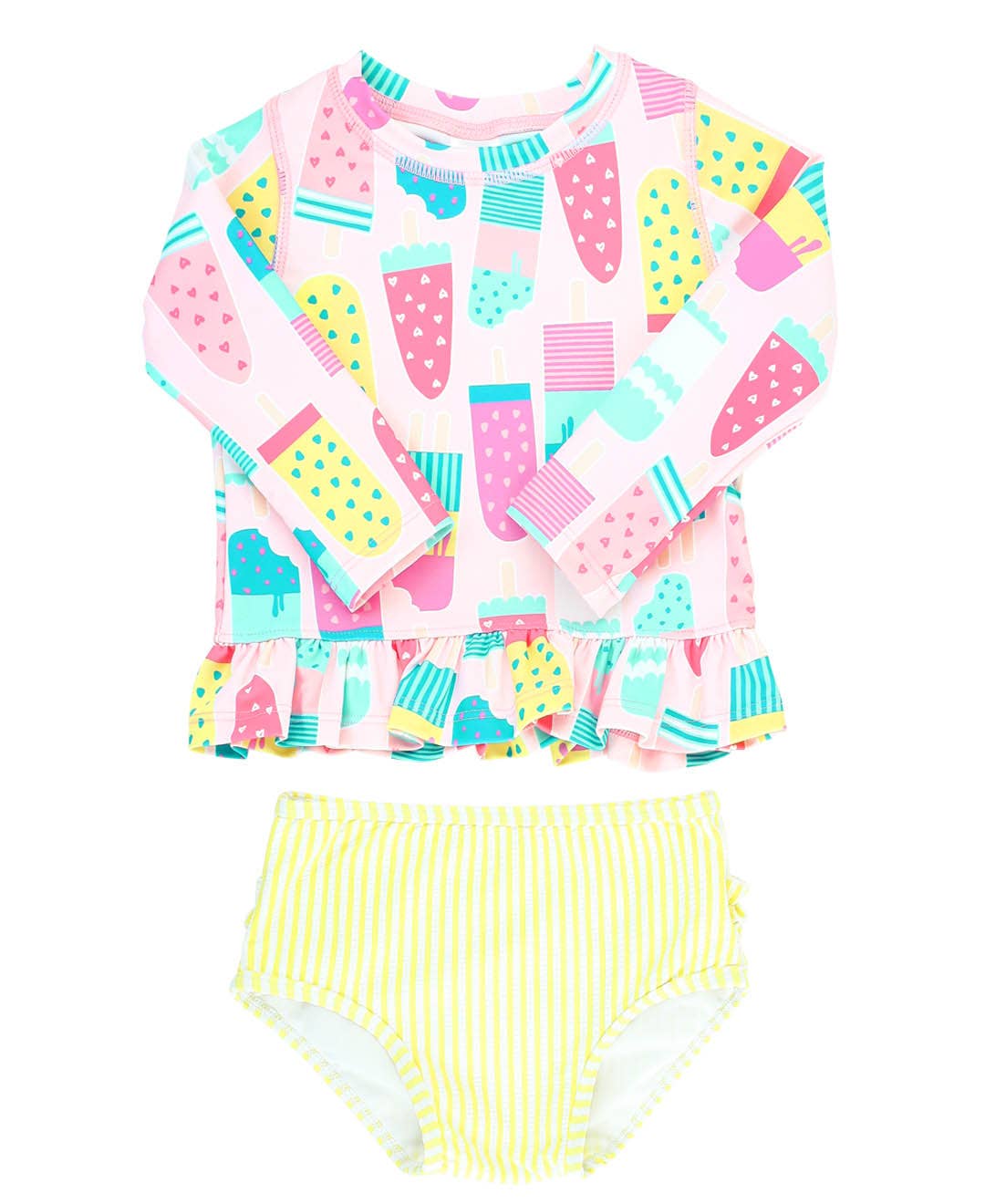 Girls Ice Cream Social Long Sleeve Ruffle Hem Rash Guard 2-Piece Swimsuit with Signature Rear Ruffles