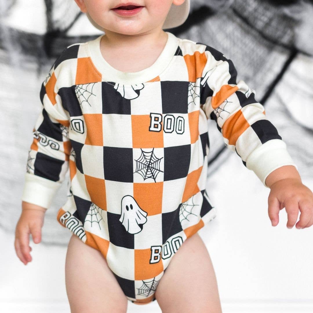 Boo Checkered Halloween Long Sleeve Romper - Baby Clothing