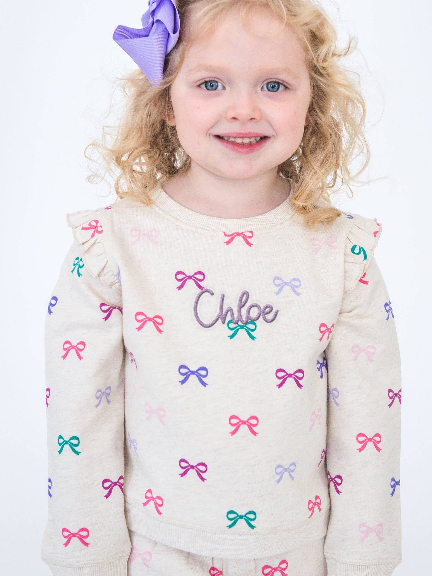 Toddler Girls Heather Oatmeal Ribbons Flutter Sweatshirt Jogger Set with Signature Rear Ruffles