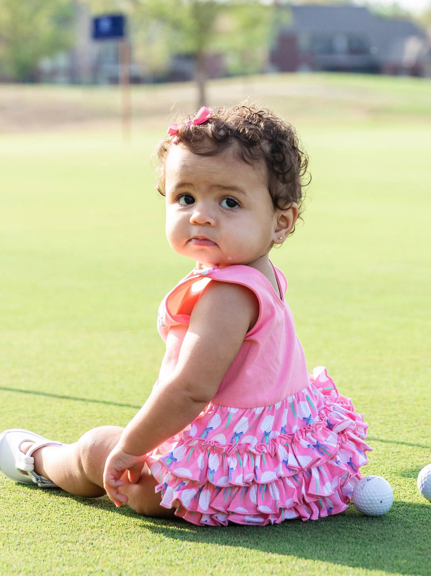 Baby Girls Pink Tee Time Knit Tie Shoulder Bubble Romper