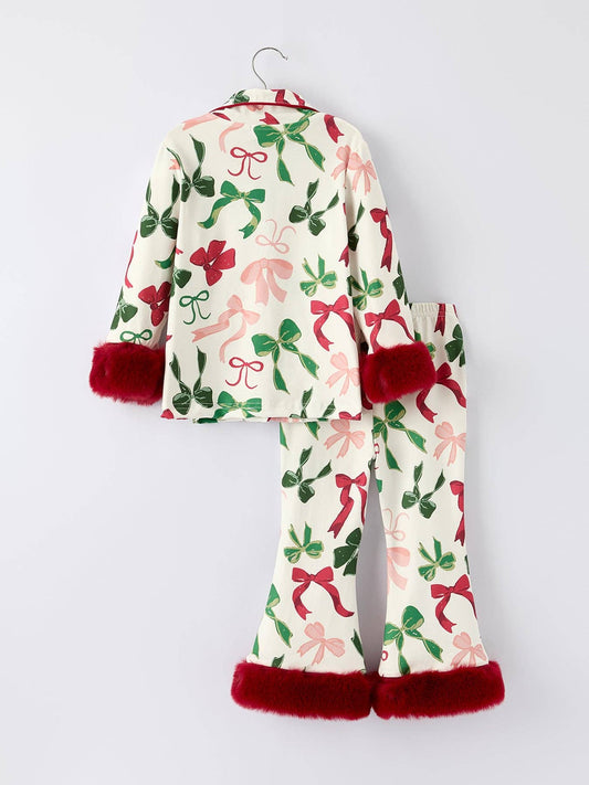 Holiday Bow Print Christmas Pajama Set – Girls Cozy Red Fur Trim