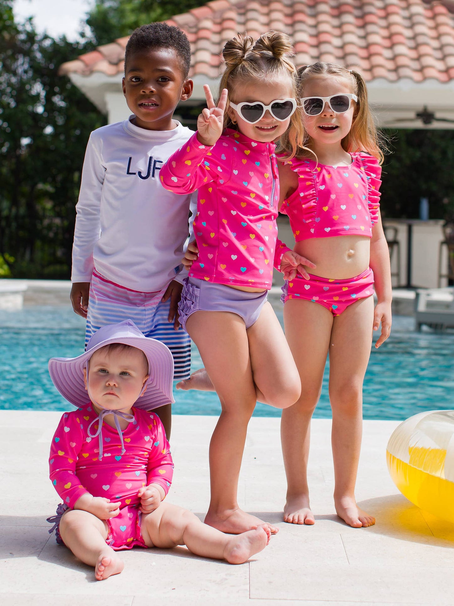 Baby Girls Colorful Hearts Long Sleeve One Piece Rash Guard Swimsuit with Signature Rear Ruffles
