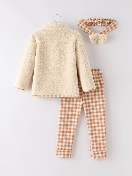 Girls Pumpkin Furry Top, Plaid Pants with Matching Headband