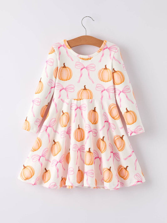 Halloween Pumpkin Bow Print Long Sleeve Dress