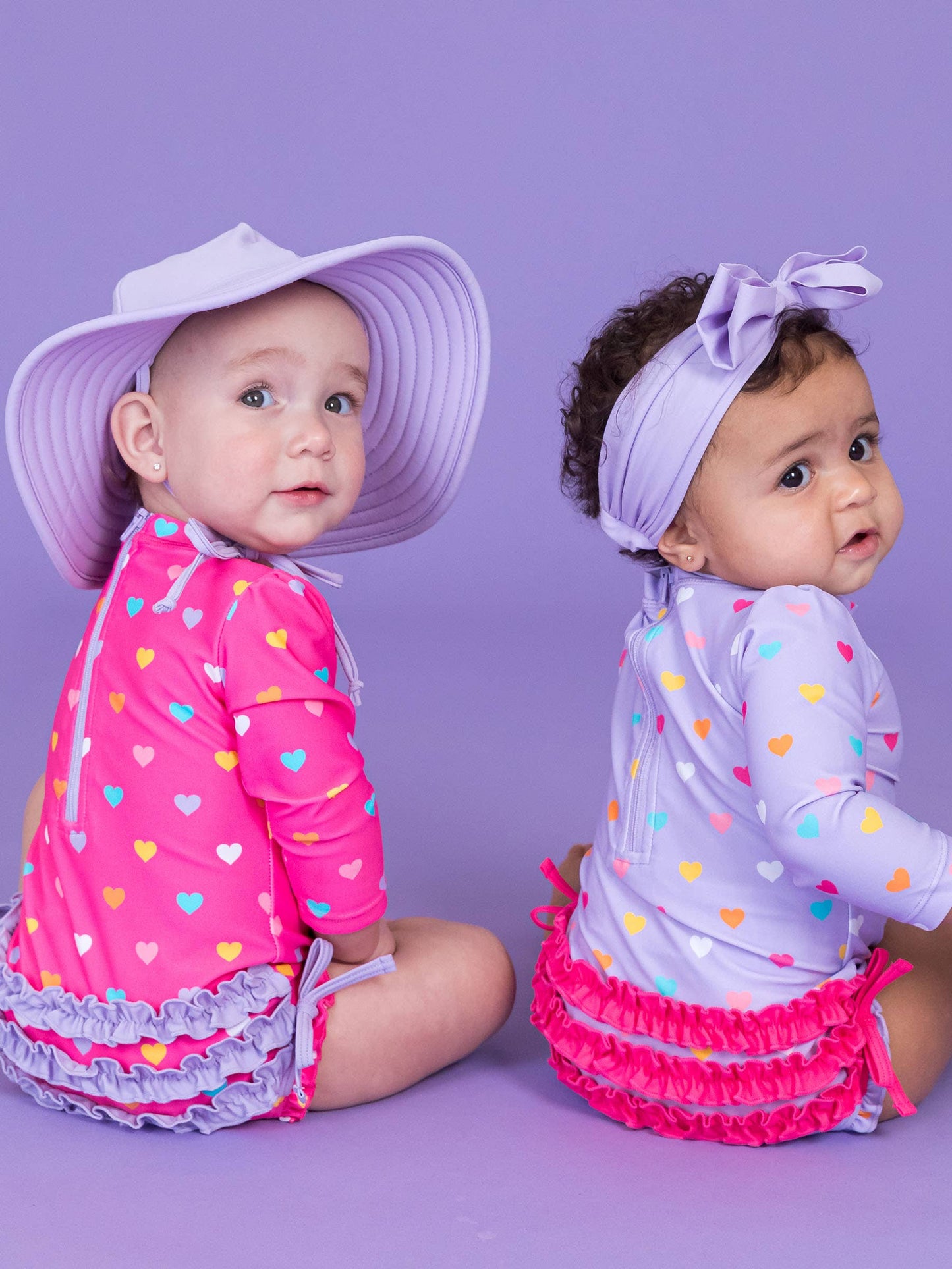 Baby Girls Colorful Hearts Long Sleeve One Piece Rash Guard Swimsuit with Signature Rear Ruffles