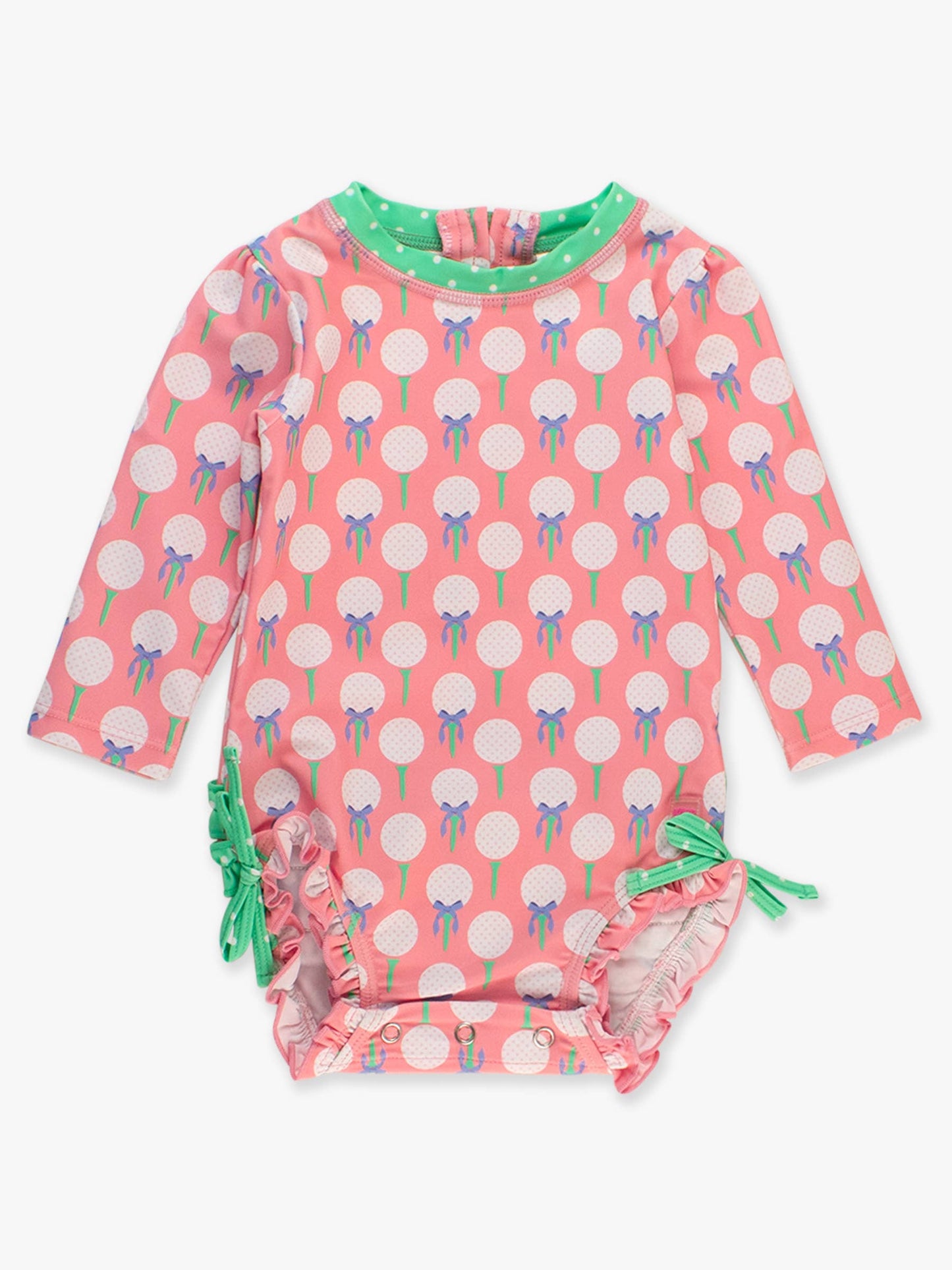 Baby Girls Pink Tee Time Long Sleeve One Piece Rash Guard Swimsuit with Signature Rear Ruffles