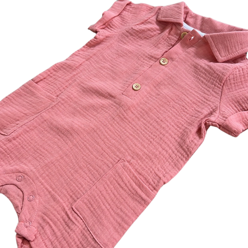 Salmon Cotton Muslin Polo Romper with Bucket Hat