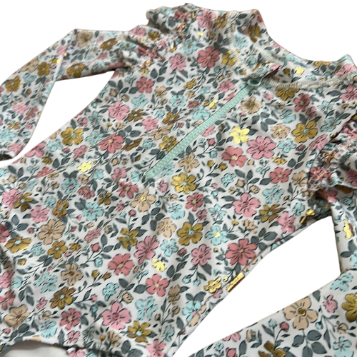 Metallic Floral Long Sleeve Rash Guard One Piece Swimsuit