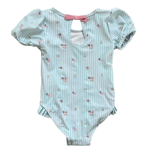 Mint Stripe One Piece Swimsuit with Floral Embroidery