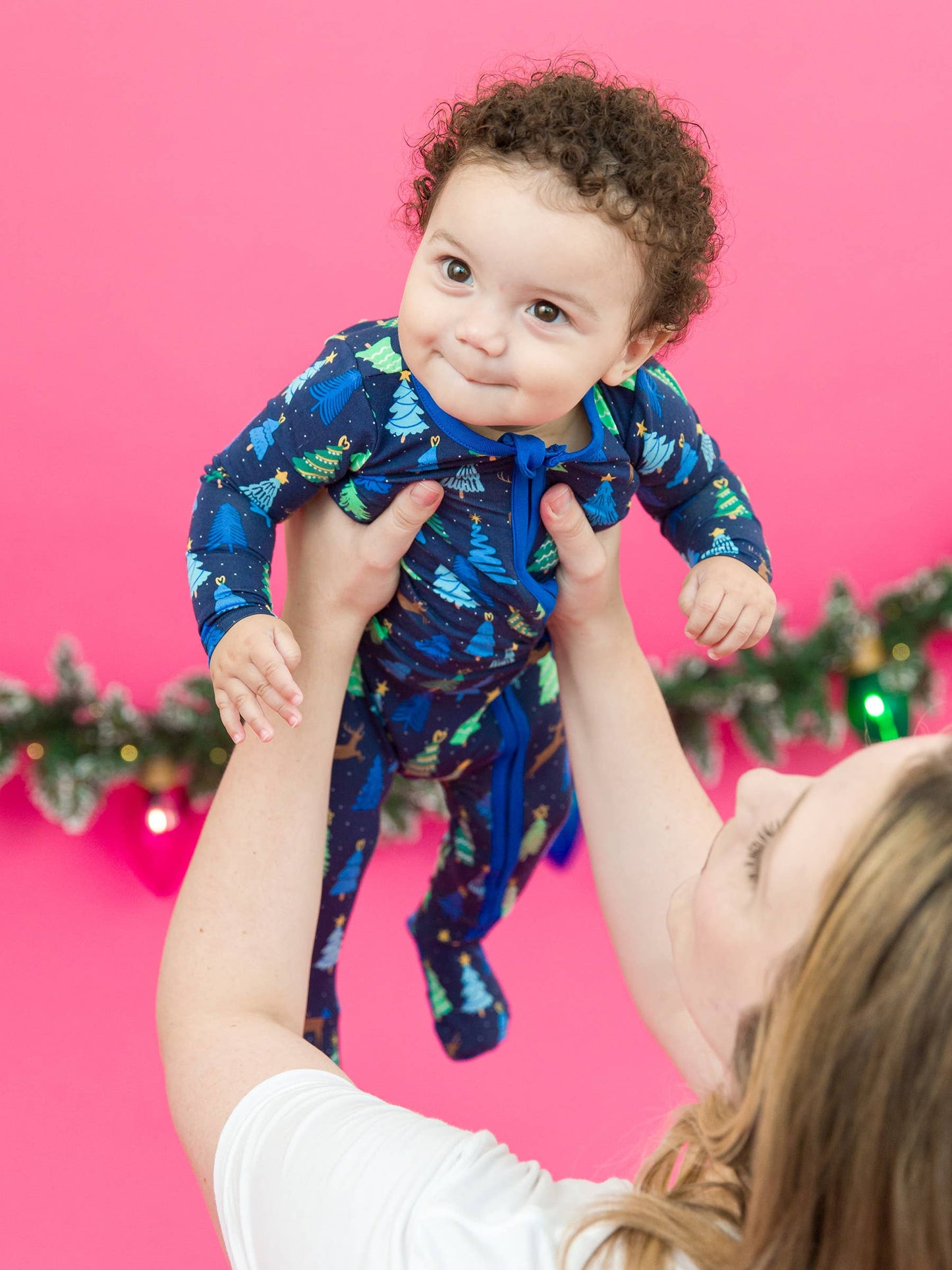 SoftSnooze™ Baby Boys Bamboo Viscose Merry Blue Pines Footed One Piece Pajama