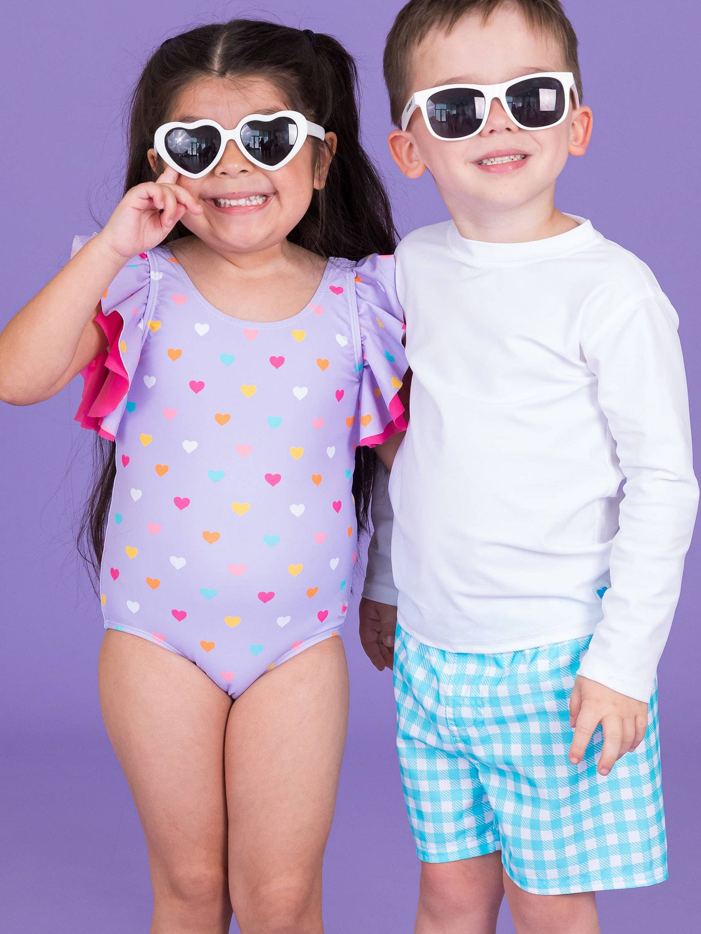 Girls Lavender Colorful Hearts Butterfly Sleeve One Piece Swimsuit
