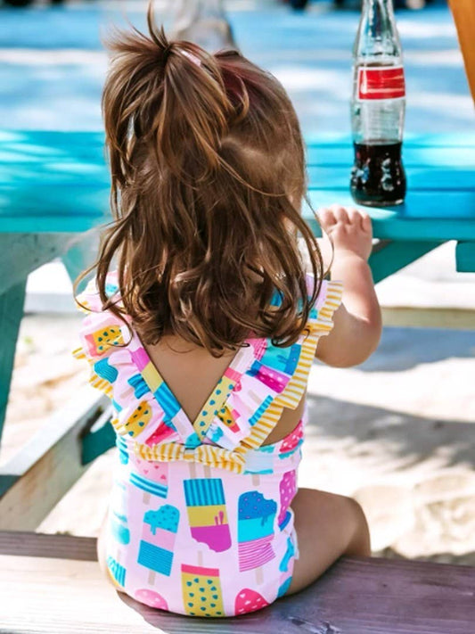 Girls Ice Cream Social Bow V-Back One Piece Swimsuit