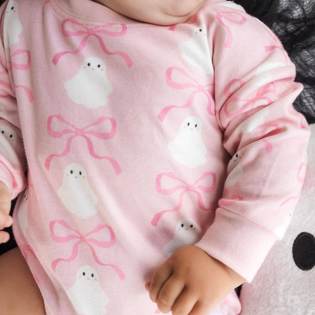 Coquette Ghost Halloween Long Sleeve Romper - Pink - Baby