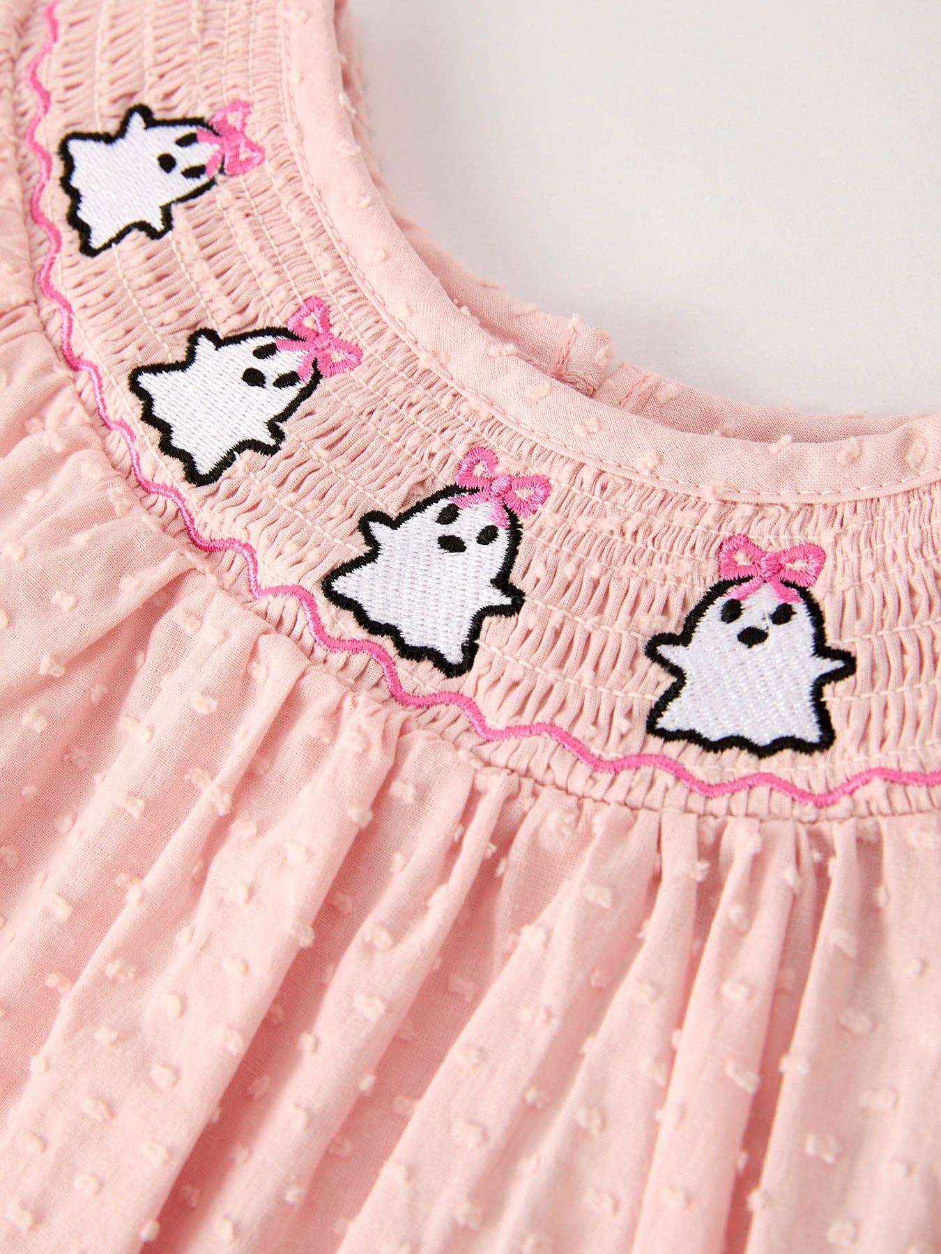 Halloween Light Pink Ghost Embroidery Smock Girl Dress