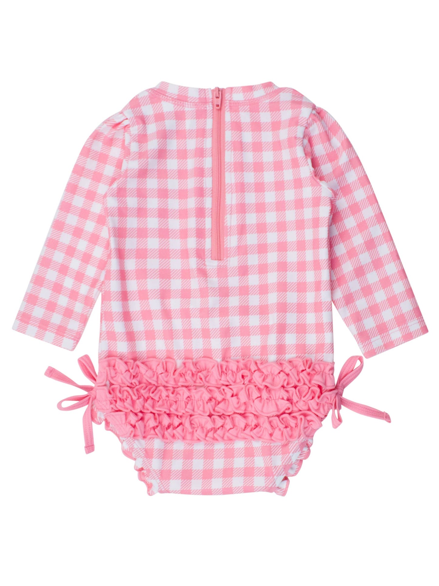 Baby Girls Bubblegum Pink Gingham Long Sleeve One Piece Rash Guard Swimsuit with Signature Rear Ruffles