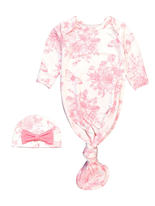 SoftSnooze™ Baby Girls Bamboo Viscose Pink Butterfly Garden Toile Ruffle Knotted Sleep Gown & Bow Hat Set