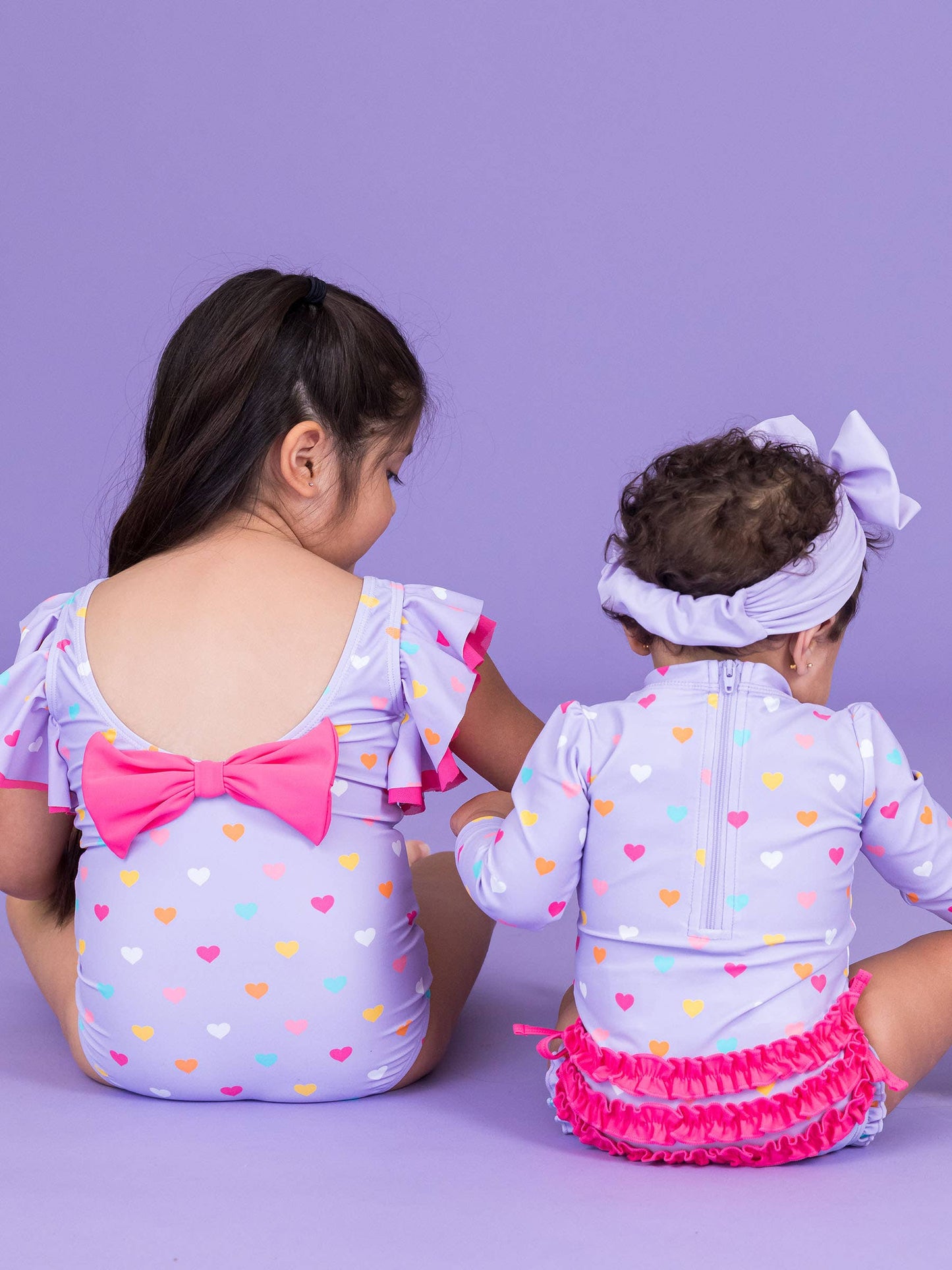 Girls Lavender Colorful Hearts Butterfly Sleeve One Piece Swimsuit