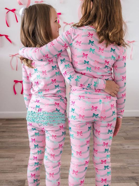 SoftSnooze™ Toddler Girls Cotton Modal Sparkle Pink Tinsel Tidings Ruffle Long Sleeve Pajama Set with Signature Rear Ruffles
