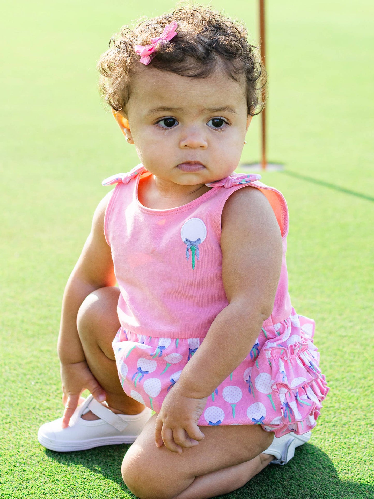 Baby Girls Pink Tee Time Knit Tie Shoulder Bubble Romper