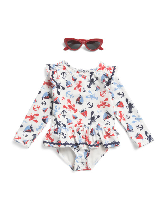 Coastal Long Sleeve Rash Guard One Piece Swimsuit with Sunglasses