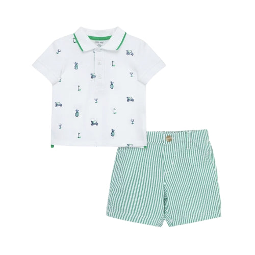Golf Polo Short Sleeve Shirt and Green Seersucker Shorts Set