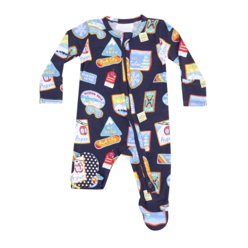2 Way Zipper Footie - Vintage Ski Patches