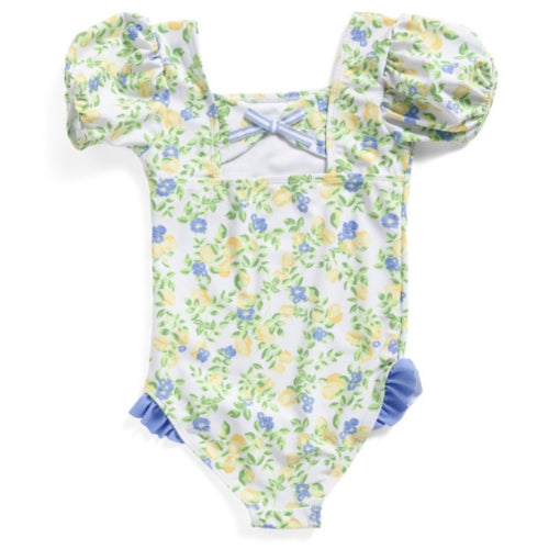 Lemon Puff Sleeve One Piece Swimsuit with Purse