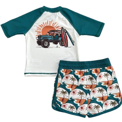Surfing Jeep Rash Guard and Swim Trunks Set