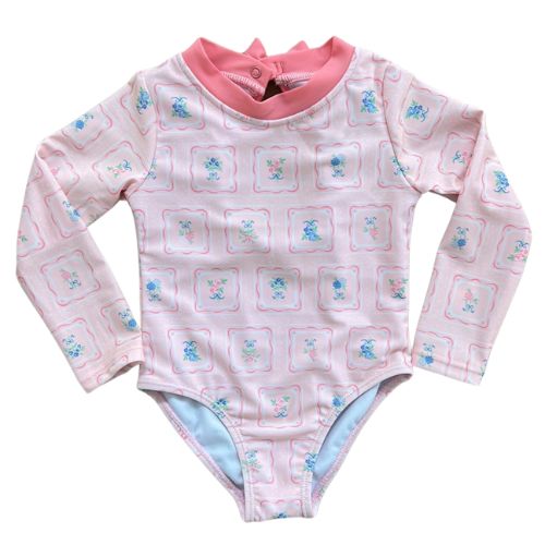 Pink Floral Tiles Rashguard One Piece Swimsuit