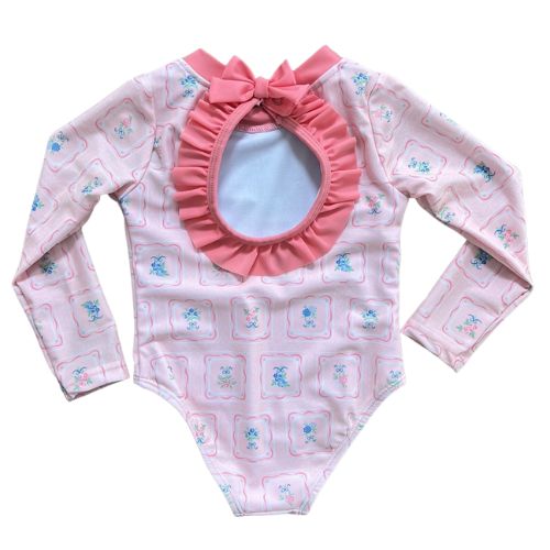 Pink Floral Tiles Rashguard One Piece Swimsuit