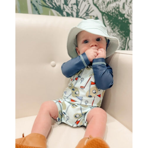 Golf Rash Guard One Piece Swimsuit with Seersucker Hat